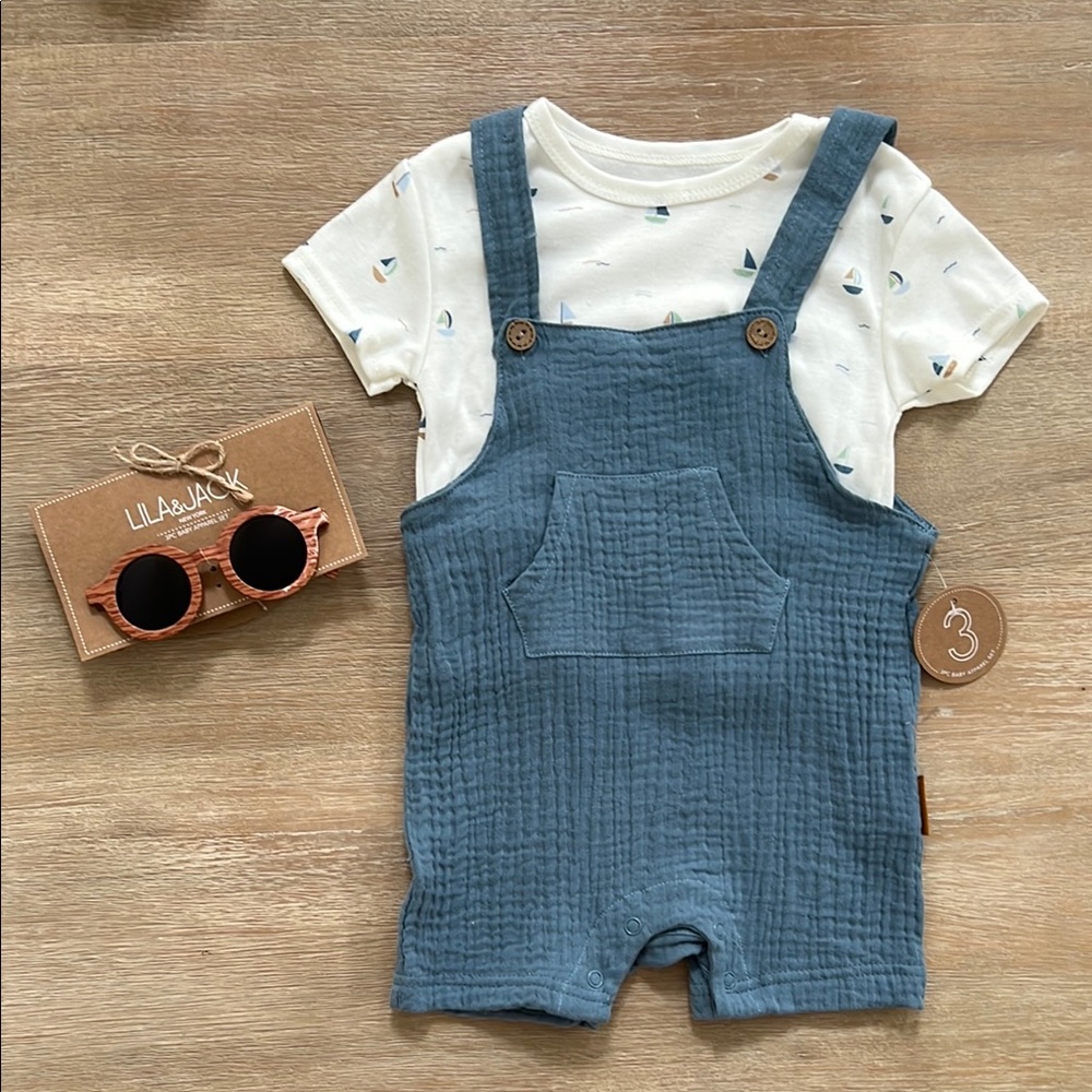 Lila & Jack Baby Boy 3 Piece Set T Shirt Overalls Sunglasses 6-9 months